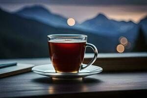 ein Tasse von Tee auf ein Tabelle im Vorderseite von Berge. KI-generiert foto