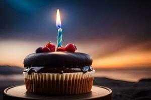 ein Schokolade Cupcake mit ein zündete Kerze auf oben. KI-generiert foto