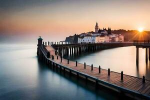 ein lange Exposition fotografieren von ein Seebrücke beim Sonnenuntergang. KI-generiert foto