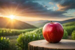 ein Apfel sitzt auf ein Stumpf im Vorderseite von ein Sonnenuntergang. KI-generiert foto