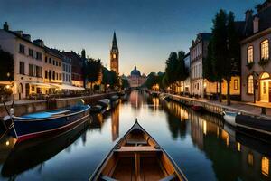 Boote sind angedockt im ein Kanal beim Nacht. KI-generiert foto