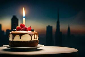 ein Geburtstag Kuchen mit ein Single Kerze auf oben. KI-generiert foto