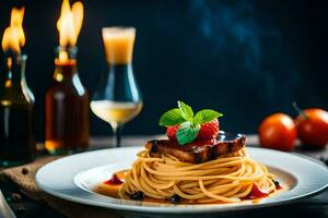 Spaghetti mit Fleisch und Soße auf ein Platte. KI-generiert foto