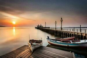 Boote angedockt beim das Seebrücke beim Sonnenuntergang. KI-generiert foto