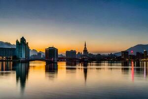 das Stadt Horizont beim Sonnenuntergang mit ein Fluss und Berge im das Hintergrund. KI-generiert foto