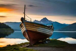 ein Boot sitzt auf das Ufer von ein See beim Sonnenuntergang. KI-generiert foto