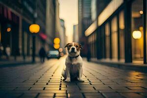 ein Hund Sitzung auf das Straße im ein Stadt. KI-generiert foto