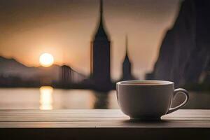 ein Tasse von Kaffee auf ein Tabelle im Vorderseite von ein Stadt Horizont. KI-generiert foto