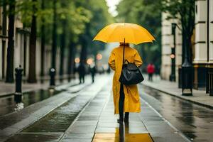 ein Frau im ein Gelb Regenjacke Gehen Nieder ein Straße. KI-generiert foto