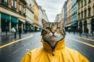 ein Katze tragen ein Gelb Regenjacke auf ein Stadt Straße. KI-generiert foto