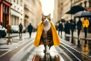 ein Katze tragen ein Gelb Regenjacke Gehen Nieder ein Straße. KI-generiert foto