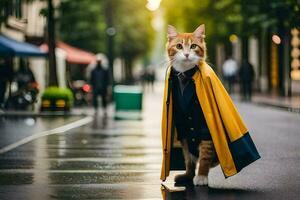 ein Katze tragen ein Gelb Regenjacke und ein schwarz binden. KI-generiert foto