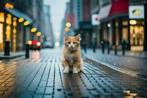 ein Katze ist Sitzung auf das Bürgersteig im ein Stadt. KI-generiert foto