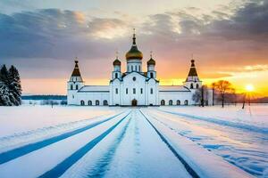 ein Kirche im das Schnee beim Sonnenuntergang. KI-generiert foto