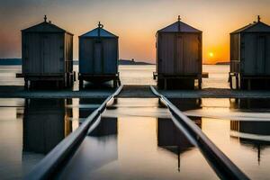drei Strand Hütten auf das Strand beim Sonnenuntergang. KI-generiert foto