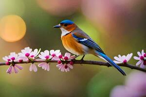 ein Blau und Weiß Vogel ist thront auf ein Ast. KI-generiert foto