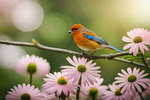 ein Blau und Orange Vogel sitzt auf ein Ast mit Rosa Blumen. KI-generiert foto