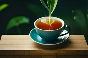 ein Tasse von Tee mit ein Blatt. KI-generiert foto