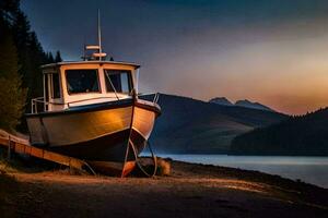 ein Boot sitzt auf das Ufer von ein See beim Sonnenuntergang. KI-generiert foto