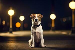 ein Hund Sitzung auf das Straße beim Nacht. KI-generiert foto