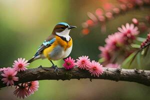 ein Vogel Sitzung auf ein Ast mit Rosa Blumen. KI-generiert foto