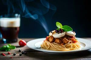 Spaghetti mit Fleisch und Tomate Soße auf ein Platte. KI-generiert foto