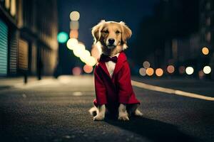 ein Hund im ein rot Mantel Sitzung auf das Straße beim Nacht. KI-generiert foto