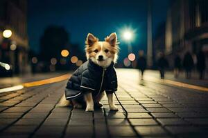 ein Hund tragen ein Jacke auf ein Straße beim Nacht. KI-generiert foto