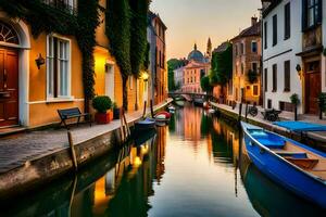 ein Kanal im das Mitte von ein Stadt mit Boote. KI-generiert foto