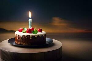 ein Geburtstag Kuchen mit ein Single Kerze auf oben. KI-generiert foto
