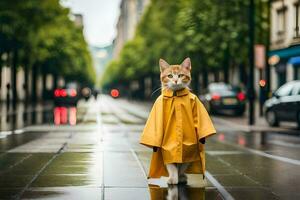 ein Katze tragen ein Regenjacke auf ein regnerisch Tag. KI-generiert foto