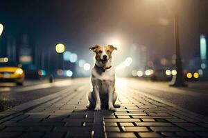 ein Hund Sitzung auf ein Backstein Straße beim Nacht. KI-generiert foto