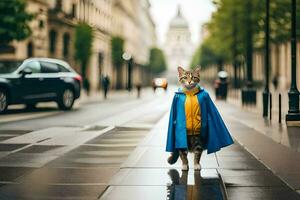 ein Katze tragen ein Blau Kap und Gelb Jacke auf ein regnerisch Straße. KI-generiert foto