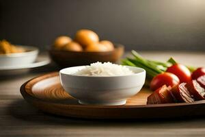 ein hölzern Tablett mit Reis, Fleisch und Gemüse. KI-generiert foto
