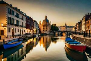 Boote sind angedockt im ein Kanal beim Sonnenuntergang. KI-generiert foto