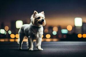 ein Weiß Hund Stehen auf das Straße beim Nacht. KI-generiert foto