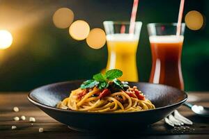 Spaghetti mit Tomate Soße und Gemüse im ein Schüssel. KI-generiert foto