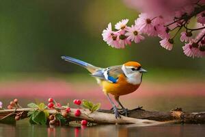 ein Vogel ist Sitzung auf ein Ast in der Nähe von ein Teich. KI-generiert foto