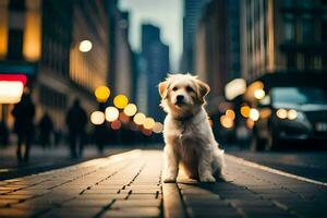 ein Hund Sitzung auf das Straße beim Nacht. KI-generiert foto