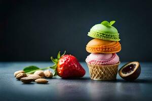 Foto Hintergrund Frucht, das Himmel, Erdbeeren, Makronen, Mandeln, Makronen, Macaron. KI-generiert