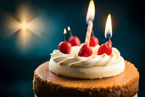 ein Geburtstag Kuchen mit zwei Kerzen und ein rot Himbeeren. KI-generiert foto
