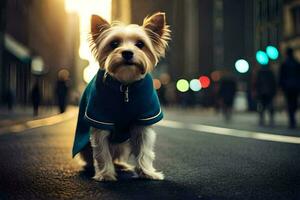 ein klein Hund tragen ein Blau Mantel Stehen auf das Straße. KI-generiert foto