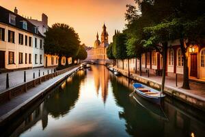 ein Kanal im ein Stadt beim Sonnenuntergang mit Boote. KI-generiert foto