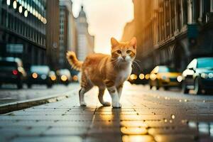 ein Orange und Weiß Katze Gehen über ein Stadt Straße. KI-generiert foto