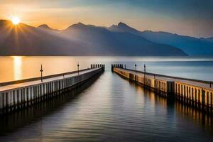 das Sonne steigt an Über das Wasser und Berge im diese Foto. KI-generiert foto