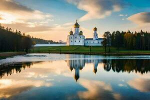 das Russisch Kirche im das Sonnenuntergang. KI-generiert foto