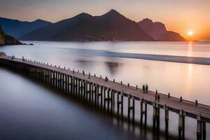 ein Seebrücke im das Ozean mit Berge im das Hintergrund. KI-generiert foto