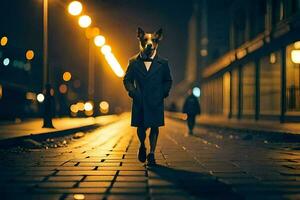 ein Hund im ein passen Gehen Nieder ein Straße beim Nacht. KI-generiert foto