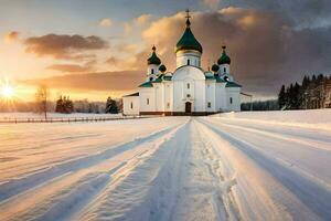 ein Kirche im das Schnee mit ein Sonne Rahmen hinter Es. KI-generiert foto