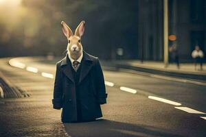 ein Hase gekleidet im ein passen und Krawatte Stehen auf das Straße. KI-generiert foto